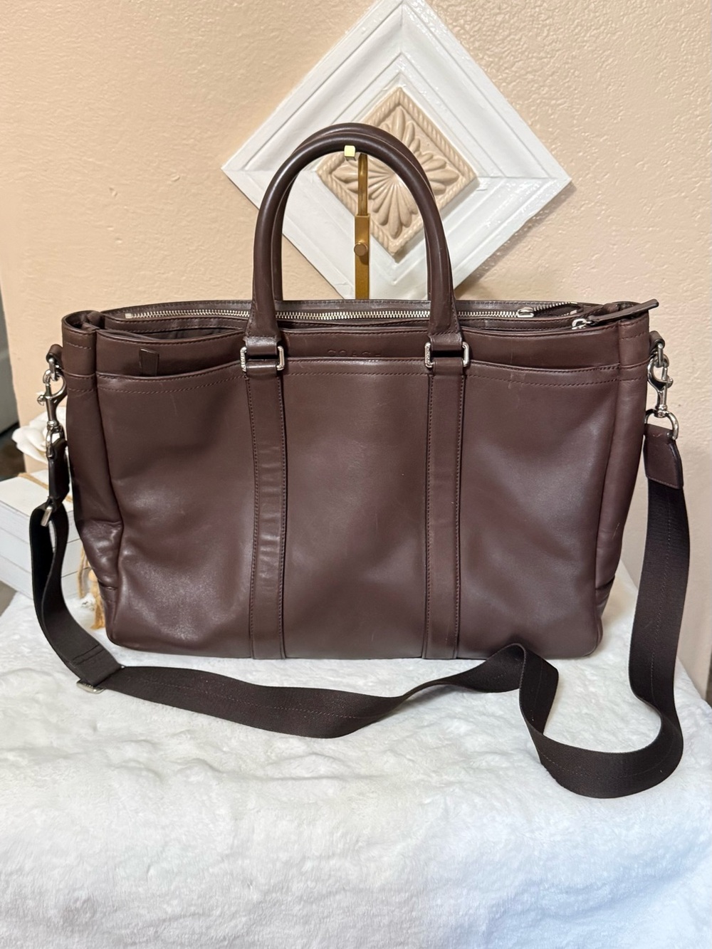 Coach Men's Chocolate Brown Leather Laptop Briefcase with Detachable Strap